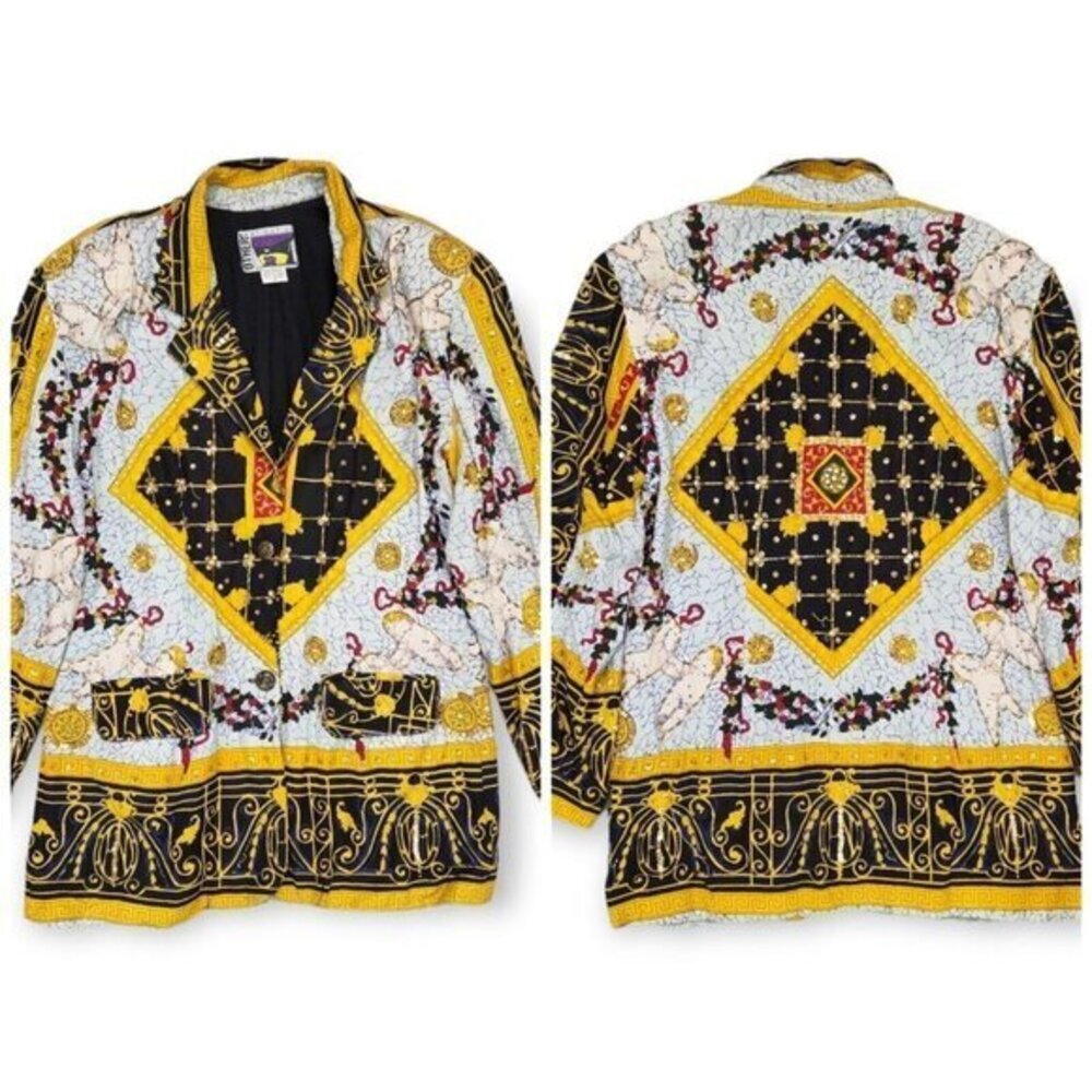 Vintage 80s Cherub Sequin Michelangelo Rhinestone 2 Button‎ Jacket Blazer Womens